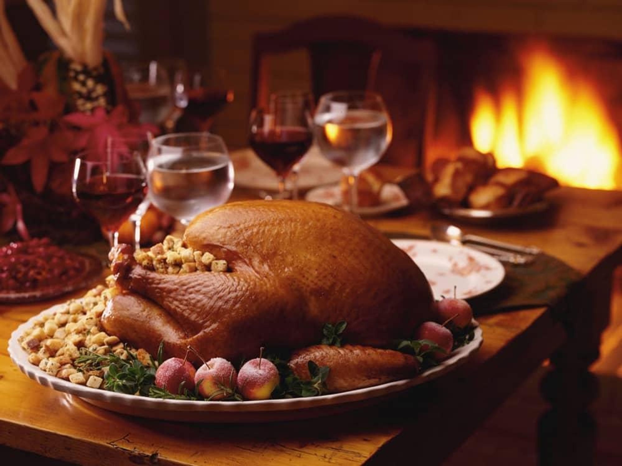 Thanksgiving turkey wine fireplace