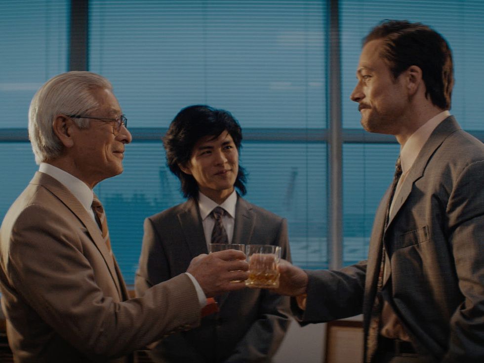 Togo Igawa, Nino Furuhata, and Taron Egerton in Tetris