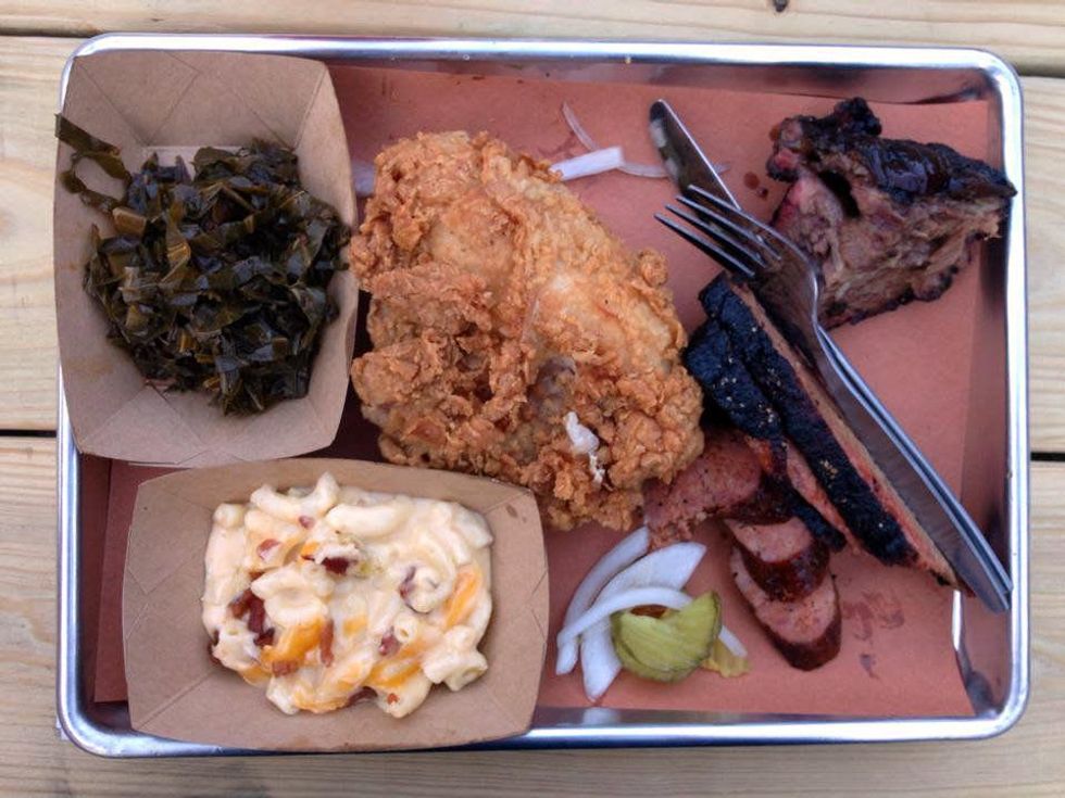 Tray of food at Pecan Lodge friends and family