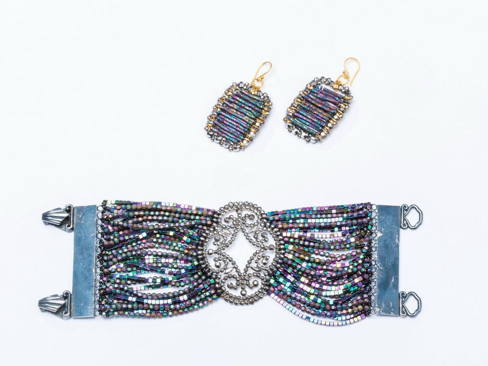 Ultra Disko Cuff and Earrings, Disko Mirrored Crystal Earrings, Departed Paisley Pearl Clip Earrings, Departed Green Drops with CZ Earrings, SH\u014cNA