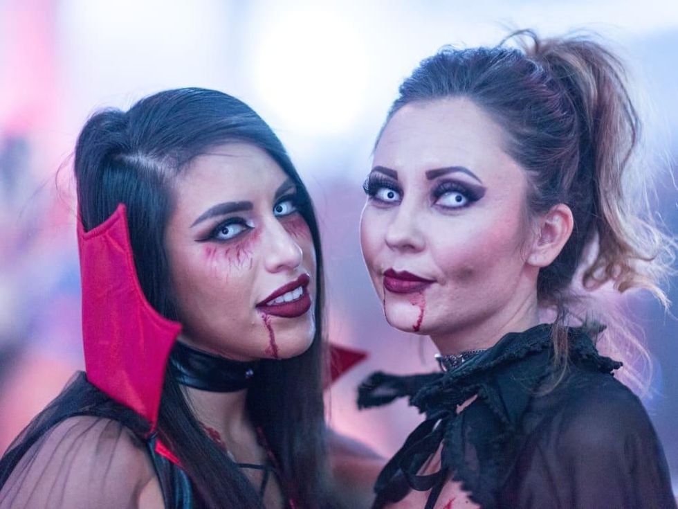 Vampire and Vixens Halloween party McKinsey Flores and Charity Sanchez