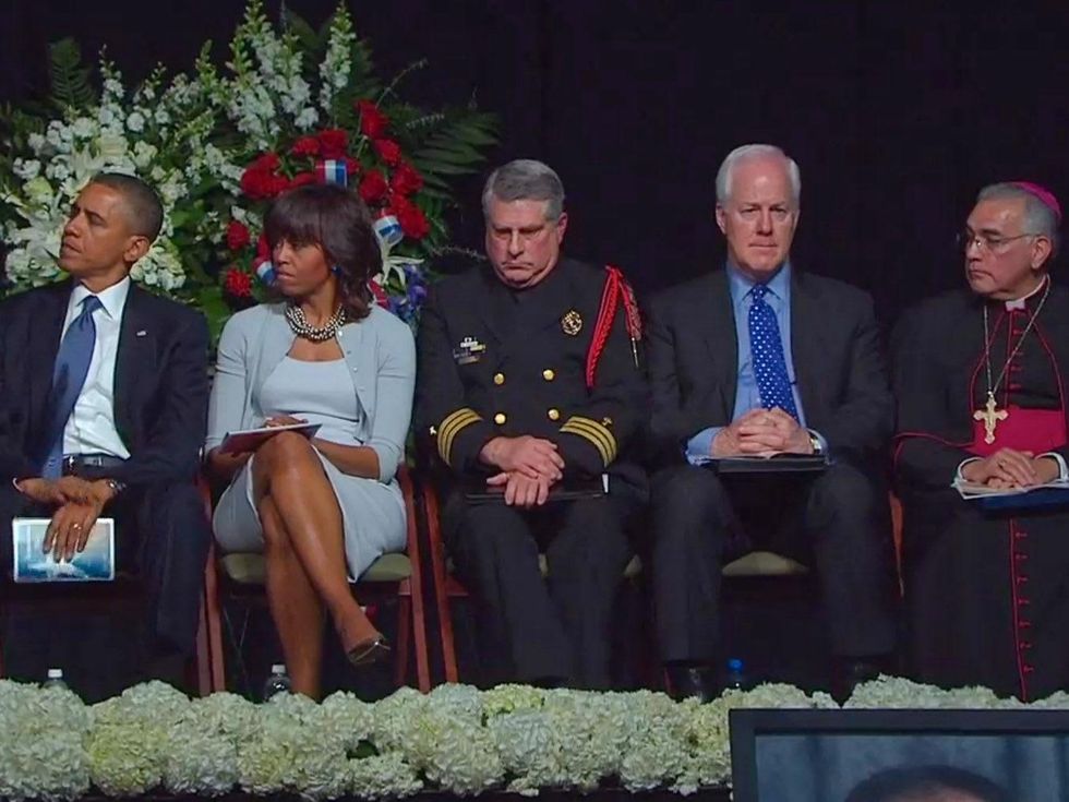 West, Texas, memorial service, April 2013 dignitaries on stage Obamas