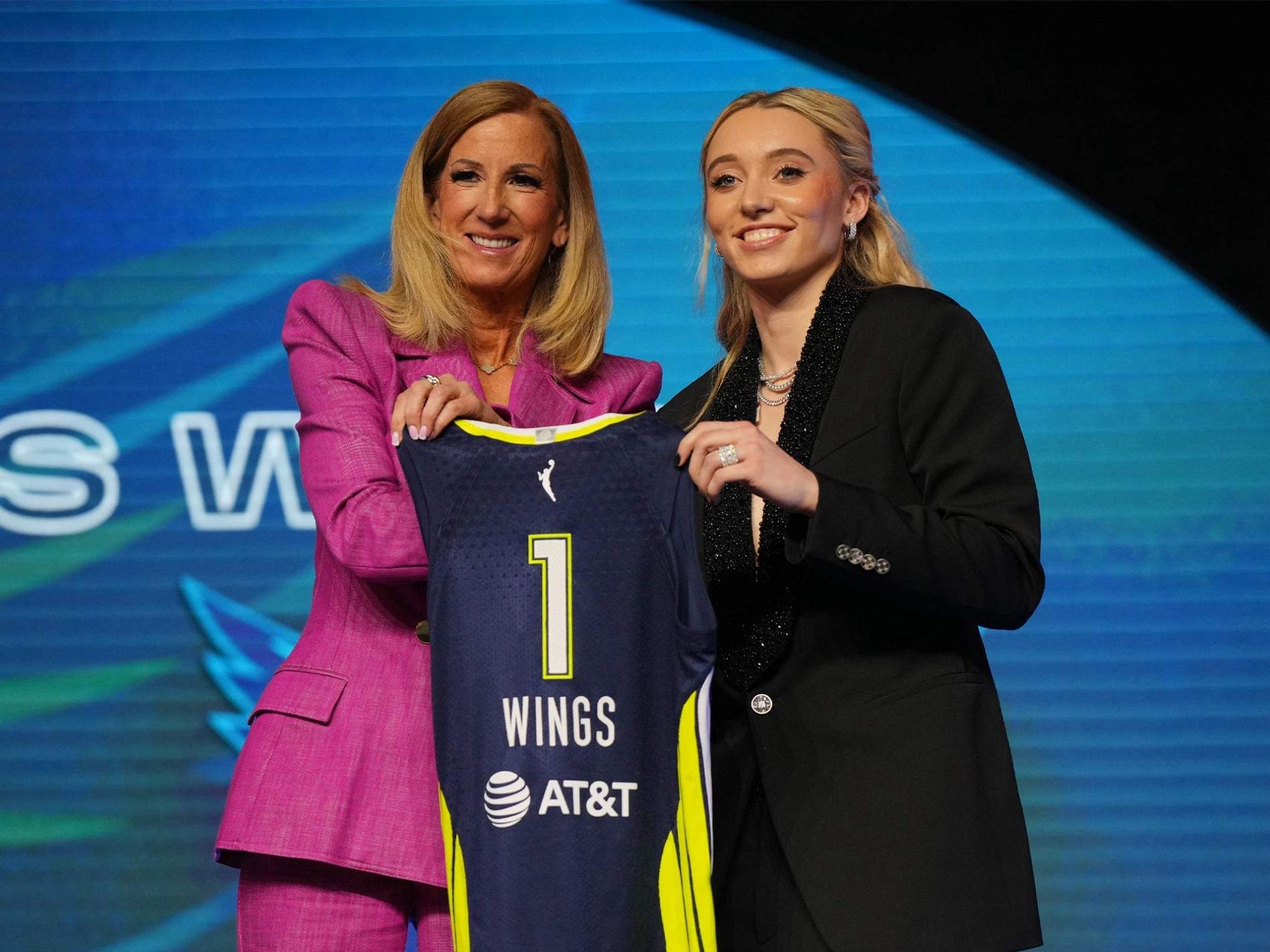WNBA commissioner Cathy Engelbert and Dallas Wings No. 1 draft pick Paige Bueckers